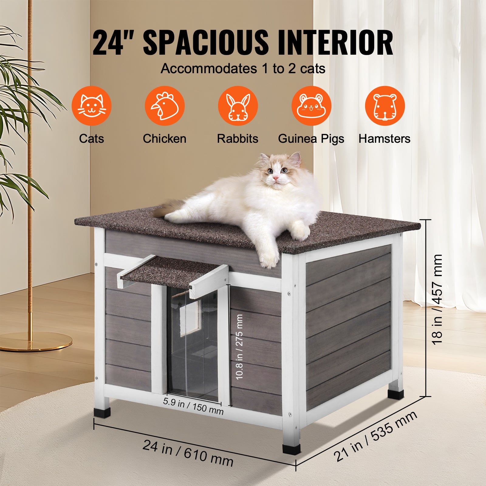 Casinha externa para gatos SucceBuy em madeira, resistente às intempéries, abrigo para gatos selvagens e coelhos, com janela - 8