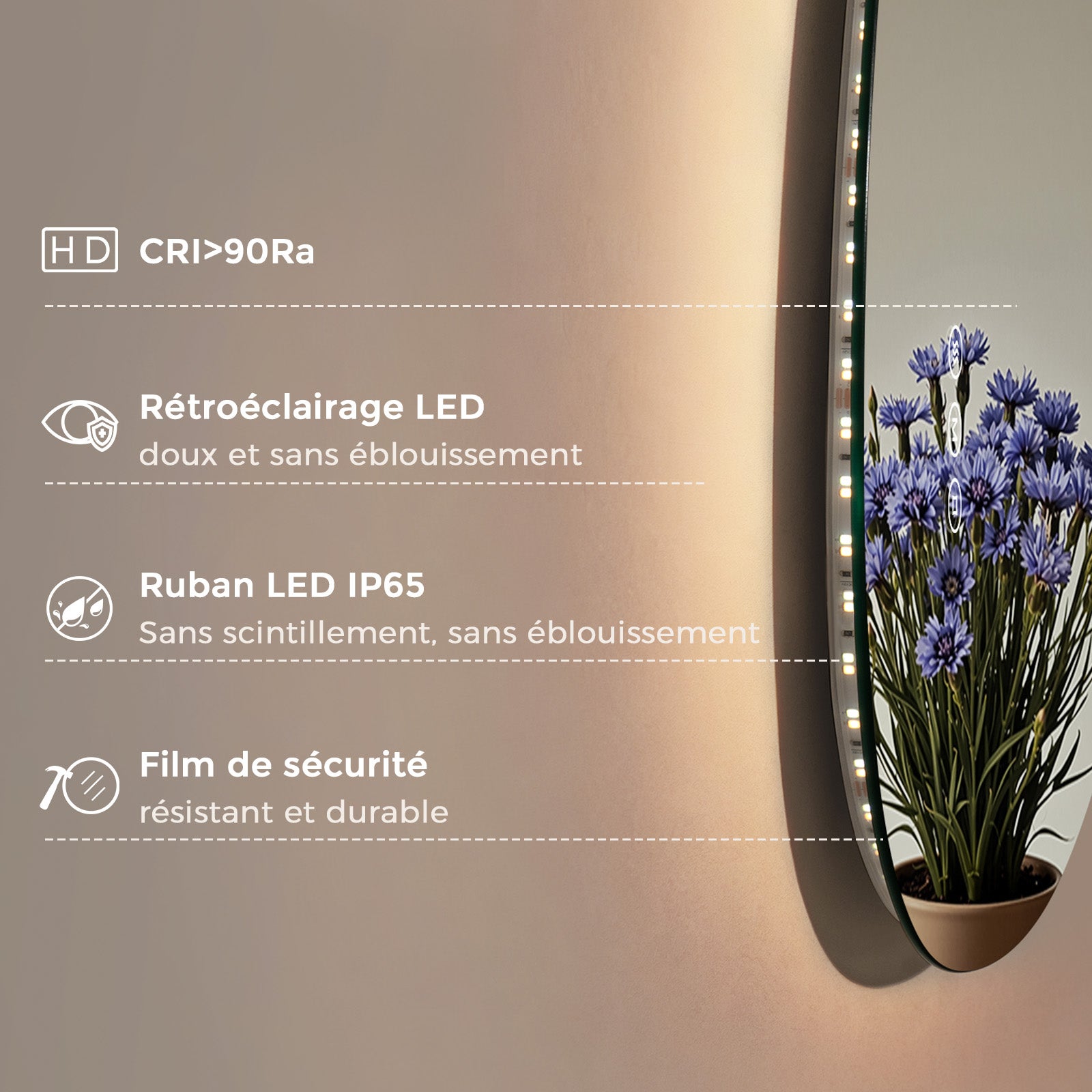 S'AFIELINA Miroir lumineux 60 × 45 cm Asymétrique 3 couleurs de lumière et luminosité ajustable - 5