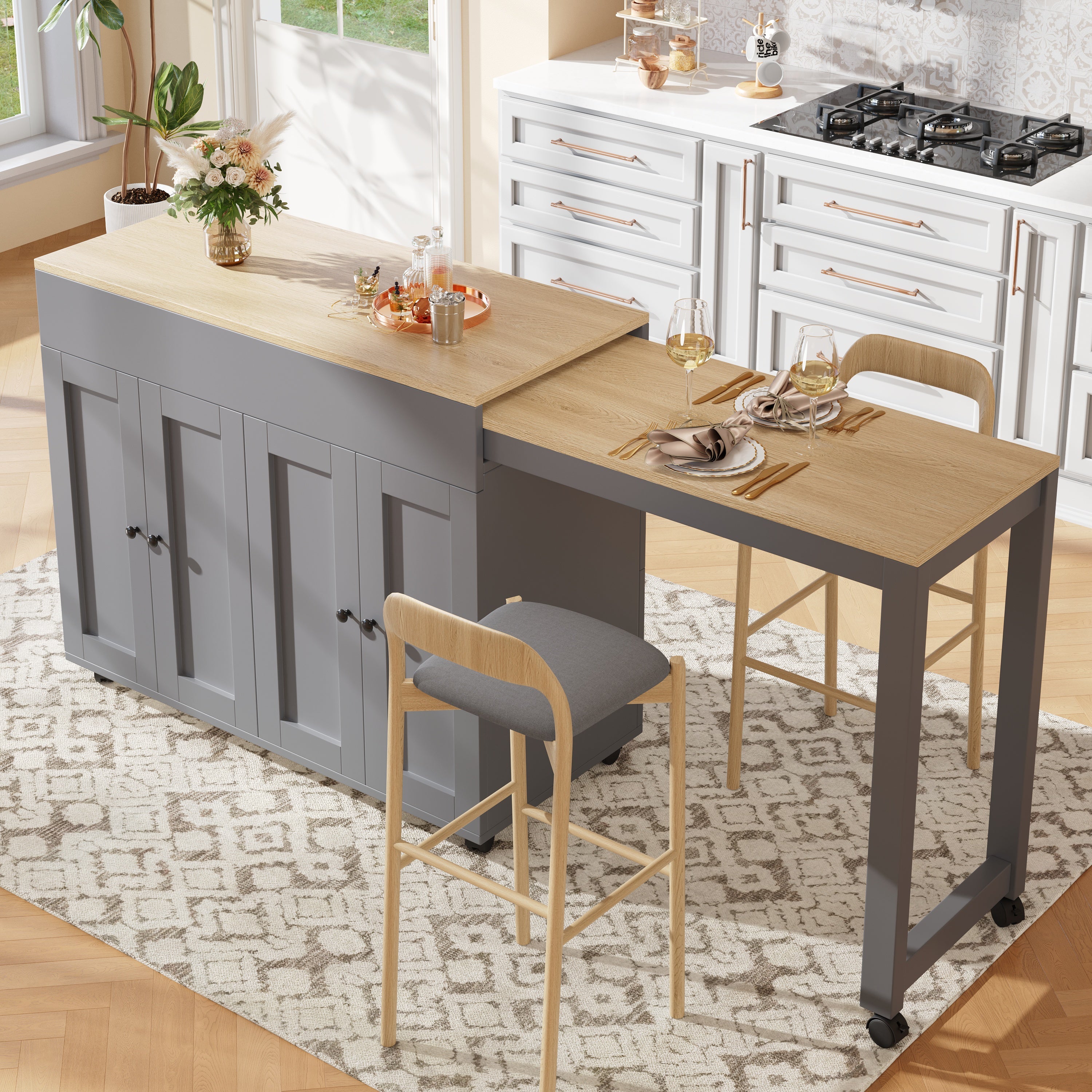 Wyspa kuchenna z rozkładanym stołem jadalnym i 4 drzwiami - 118/180 x 50 x 94 cm - MDF - Szara - 3