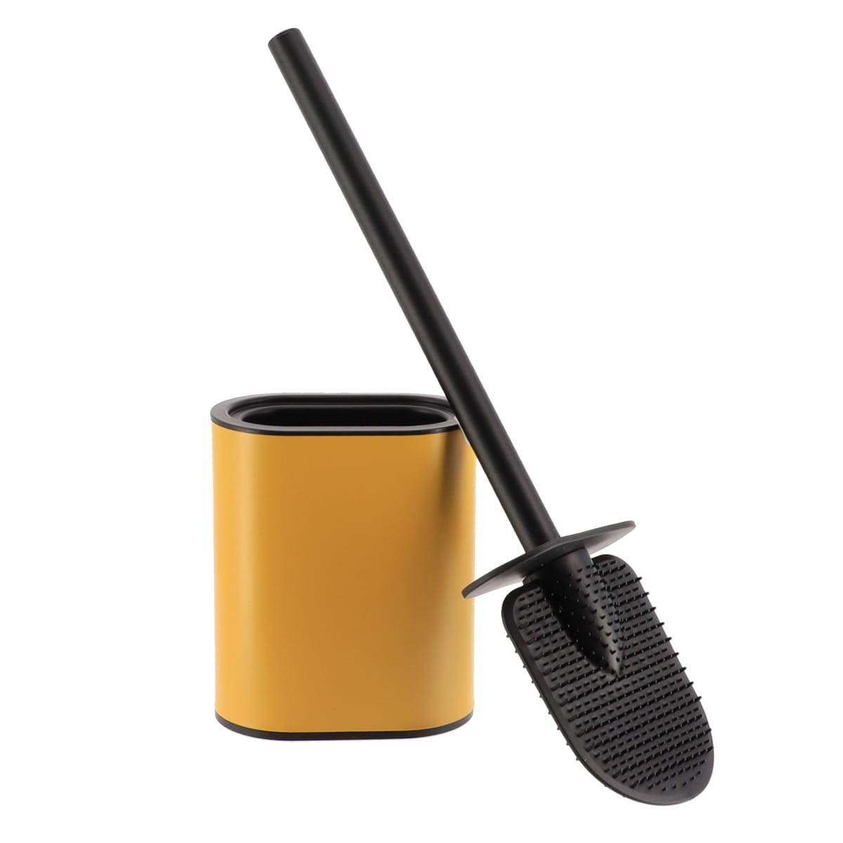 Brosse wc plate en silicone et support metal - ocre/noir - Tendance - 3