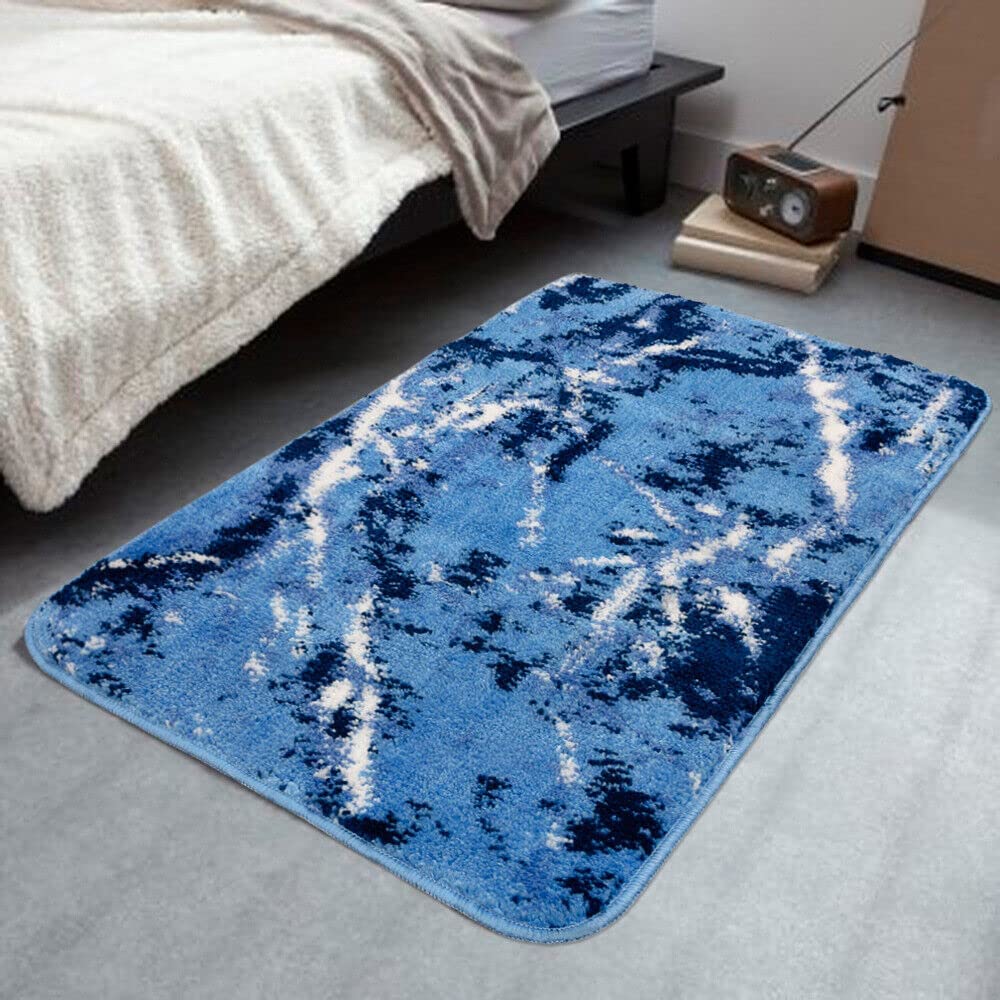 Tapis de Salle de Bain Moderne 60x120 cm Effet Marbre Tapis de Chevet Shaggy Doux et Antidérapant Bleu - 5