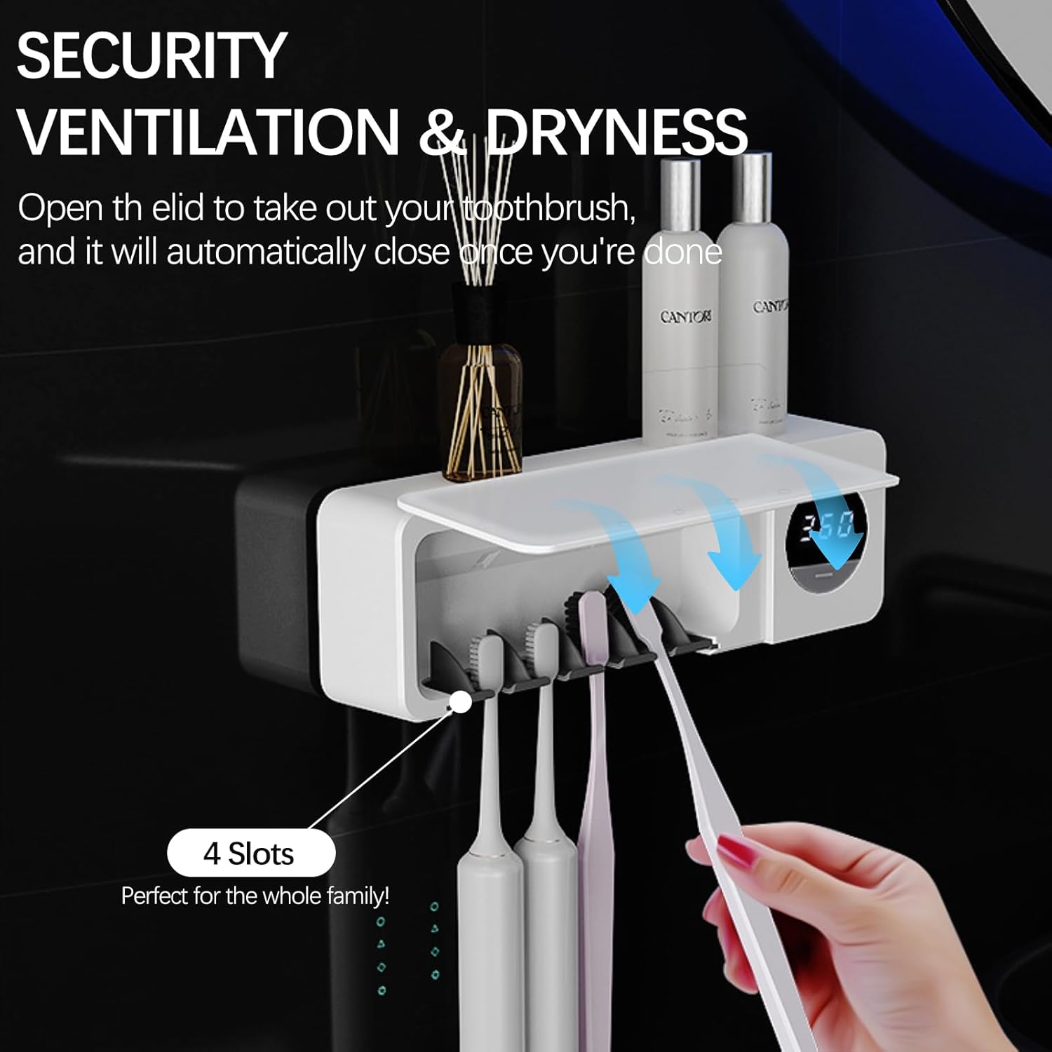 Brosse à Dents e UV, Support de Brosse à Dents Mural avec Fonction Stérilisateur, 6 Emplacements pour Brosse - 5