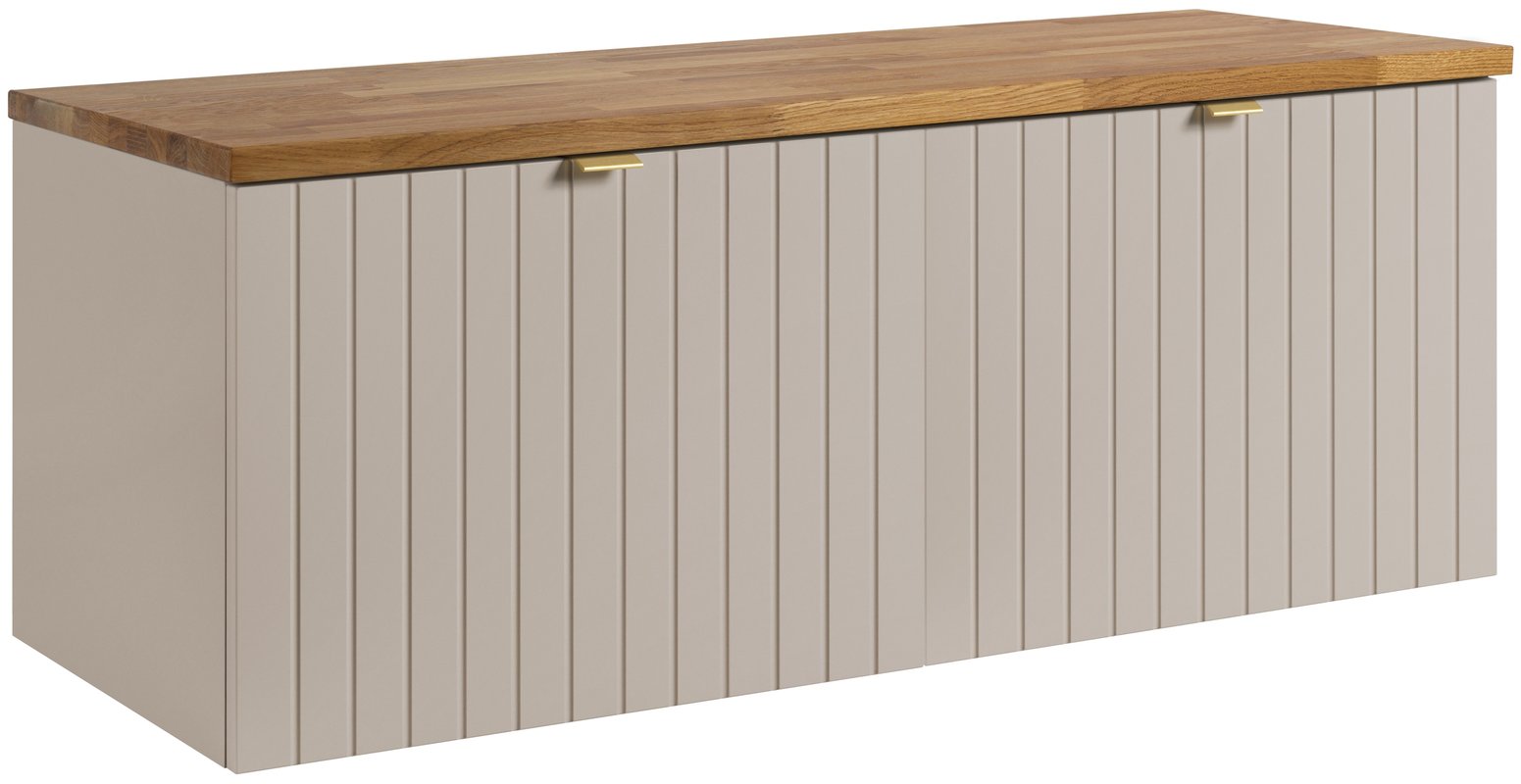 Szafka łazienkowa HARMO 121 cm kaszmir lakierowany blat dębowy frezowany front