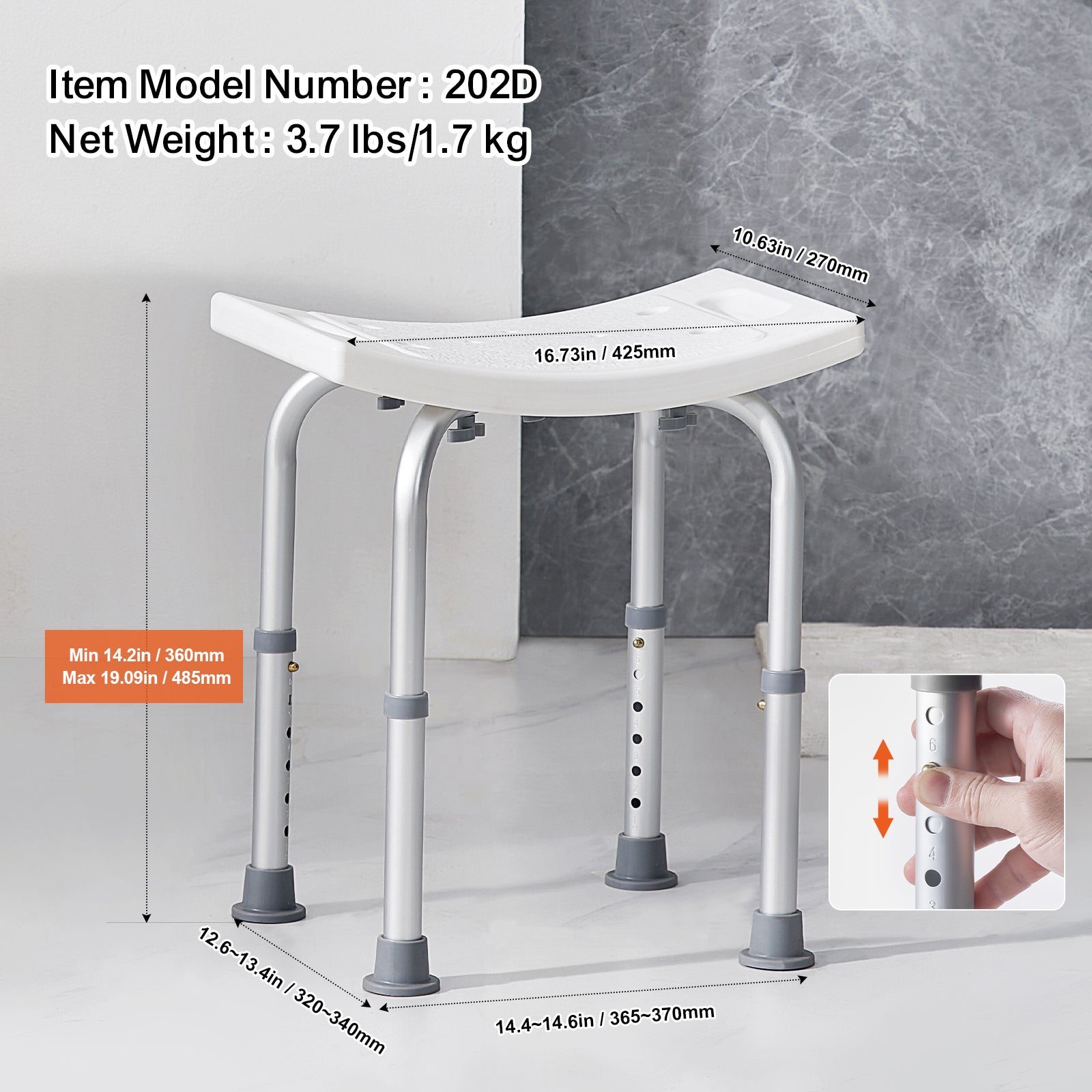 Chaise de douche réglable SucceBuy en hauteur avec poignées intégrées, banc antidérapant, tabouret de baignoire, supporte 158,8 kg - 8