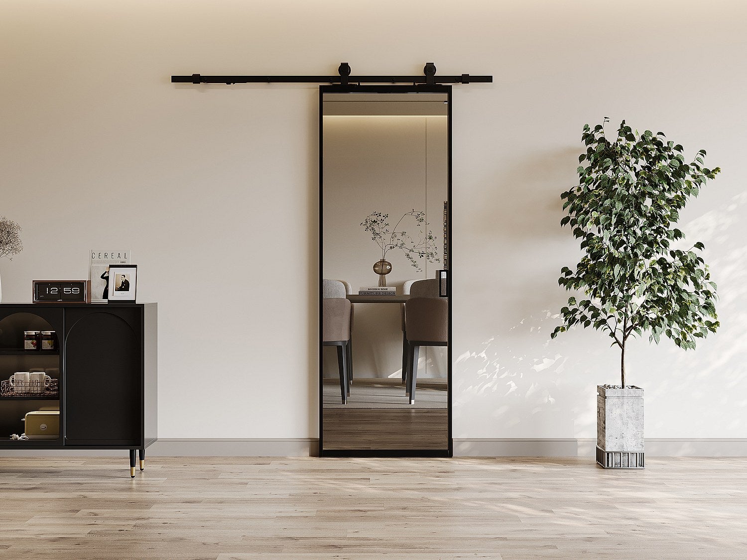 Drzwi przesuwne z naściennym systemem przesuwnym – aluminium i szkło hartowane przydymione – wys. 205 x dł. 93 cm– LINCI II