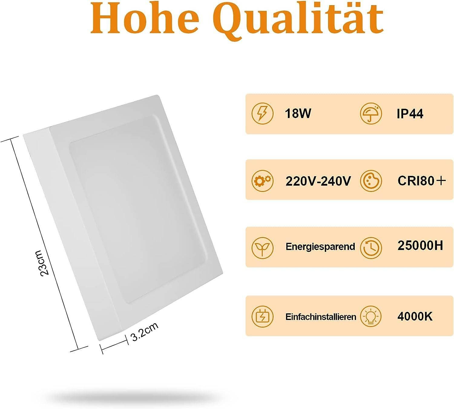 NETTLIFE Plafón LED Pack de 2, Cuadrado 23cm 18W, 4000K Blanco Neutro, Lámpara IP44 Impermeable para Baño, Cocina, Dormitorio y Oficina. - 6