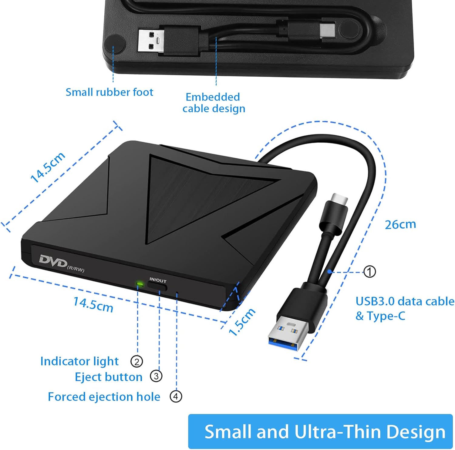 Lecteur DVD/CD Externe USB 3.0 et Type C, Graveur Portable CD/DVD +/- RW, Compatible PC, MacBook, Windows 7/8/10/XP, Linux, MacOS - 5