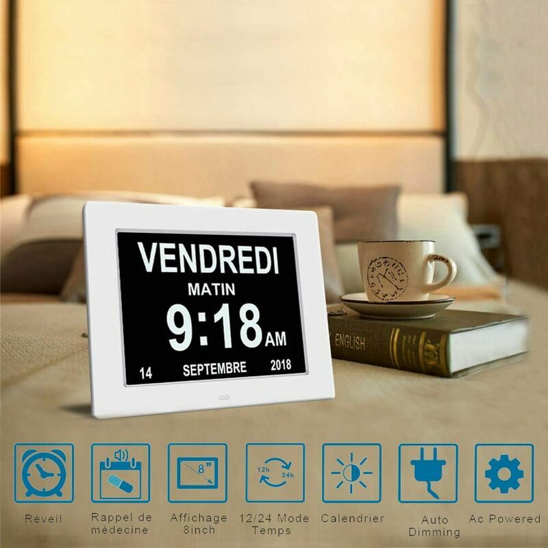 Horloge Numérique Calendrier avec Date, Jour et Heure pour Alzheimer et Seniors (Blanc) - 4