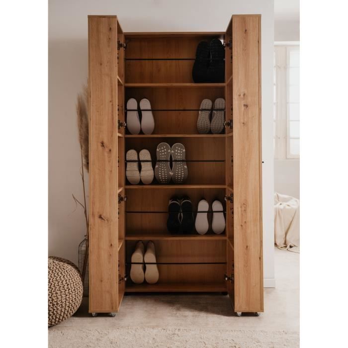 Meuble a chaussures Lugo - Décor chene artisan - 74 x 181,5 x 34 cm - Capacité 32 Paires - 5