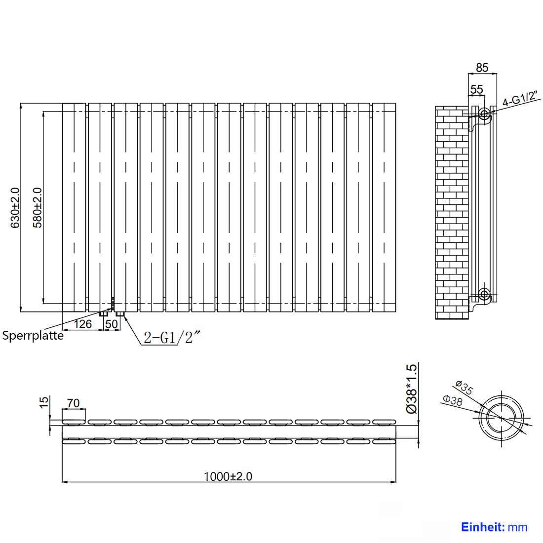 EMKE Radiateur eau chaude en acier Tube Plat Radiateur Mural Blanc 63x100cm 1343W Double Couche - 7