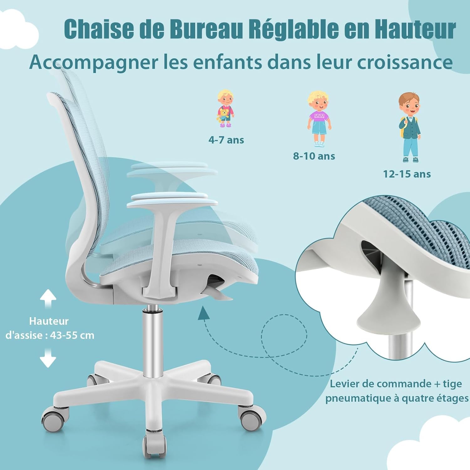 Chaise Bureau Enfant, Chaise d'Étude Ergonomique avec Coussin en Éponge, Hauteur de 43-55 CM, Fauteuil Bureau Bleu pour enfant 6 à 15 Ans, Bleu - 5