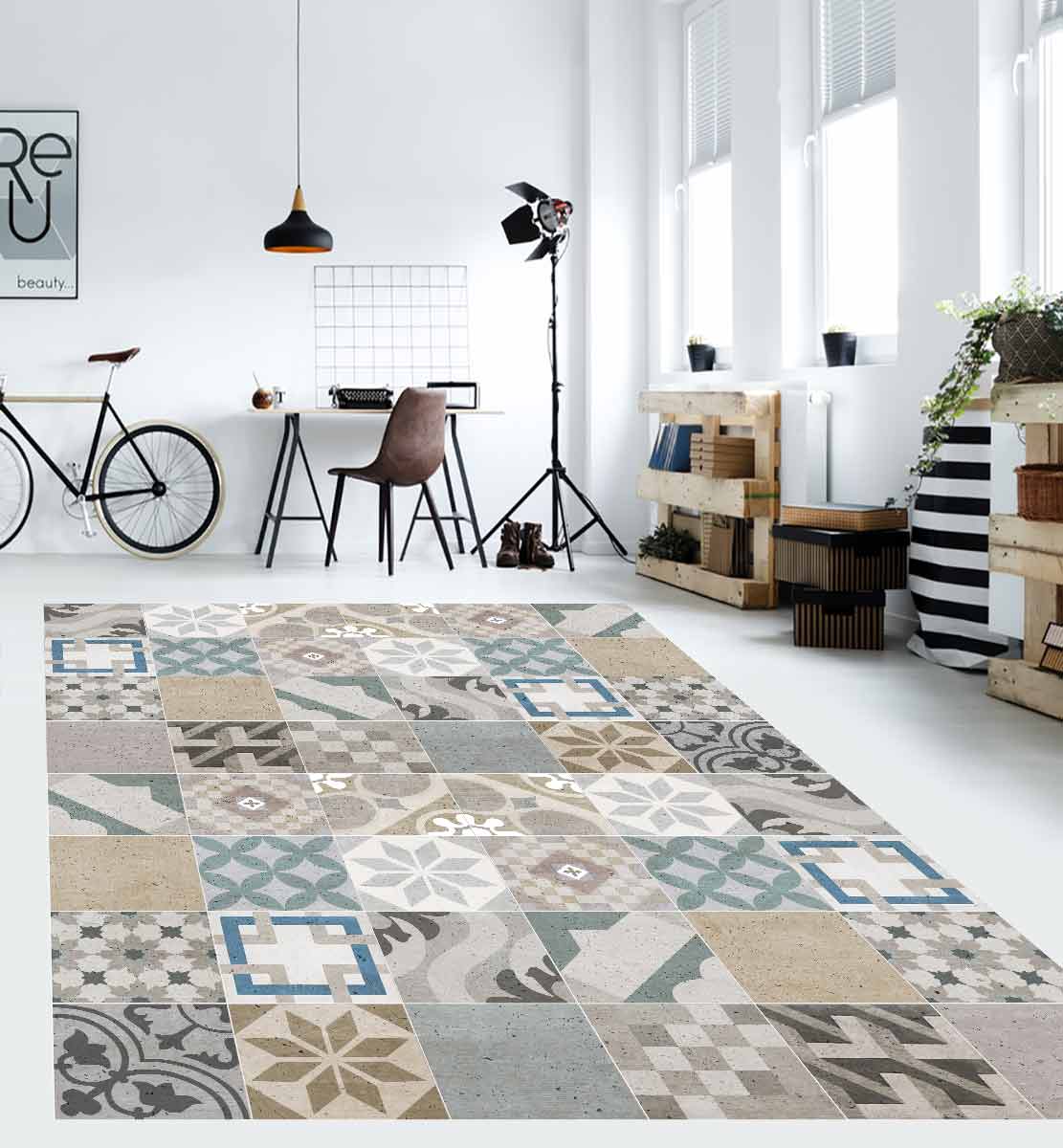 Tapete de vinil Azulejos vintage A 100x133 cm - PVC antiderrapante, vinílico para cozinha ou sala, lavável, estilo hidráulico - 2