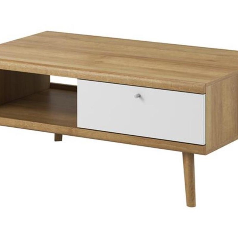Minimalistyczna ława PRIMO 107 cm z szufladą – Stolik kawowy w kolorze Białym + Dąb Riviera