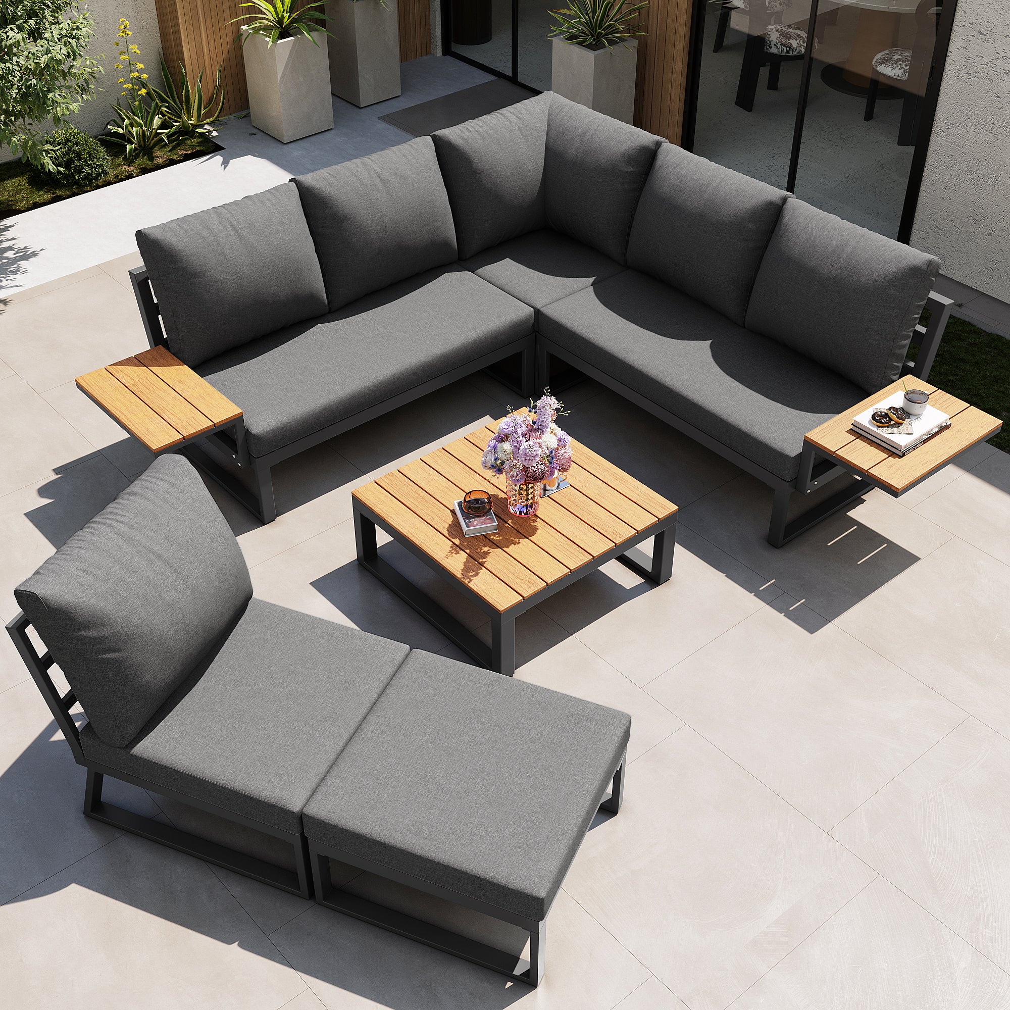 Salon de jardin en fer forgé pour 7 personnes, canapé de jardin en forme L, mobilier pour balcon et terrasse, ensemble de 5 pièces, avec coussins gris - 4