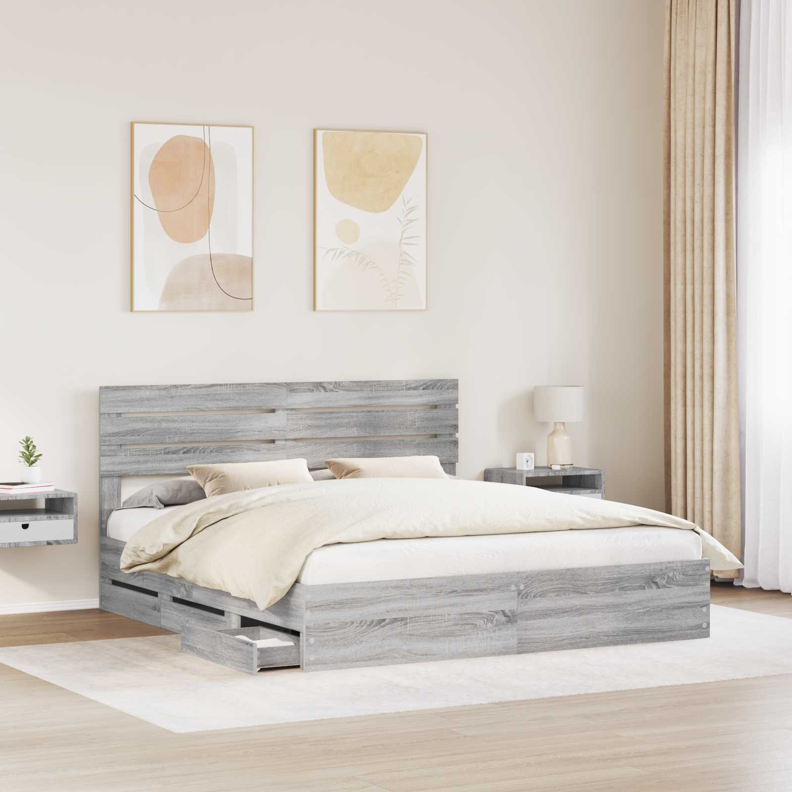 Cadre de lit gris en panneau de bois pour la chambre, 200 × 200 cm - 3