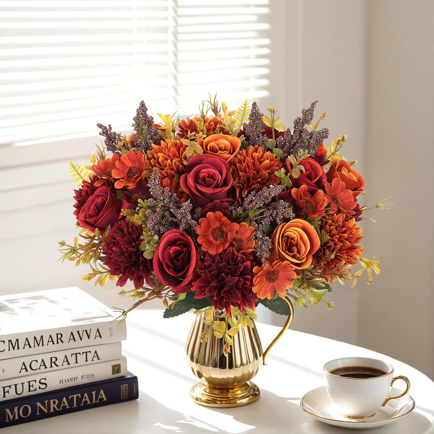 Conjunto de 4 ramos de rosas artificiales, 33 cm, margaritas, flores artificiales, ramos de rosas de seda, para decoración de cocina, boda, naranja - 4
