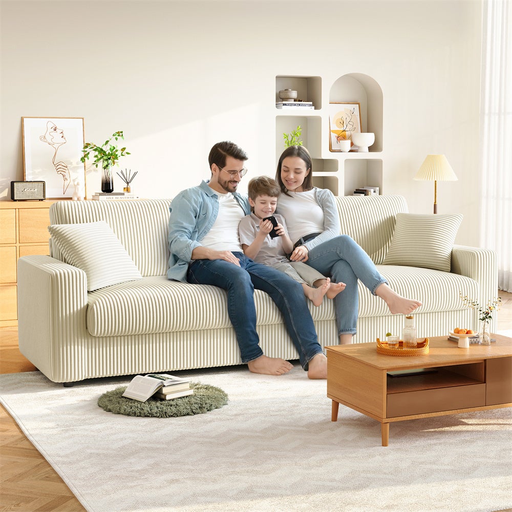Grand Canapé 3/4 Places en Velours Côtelé Beige avec 2 accoudoirs et Oreillers,Canapé Moderne pour salon,254×89×88cm - 5
