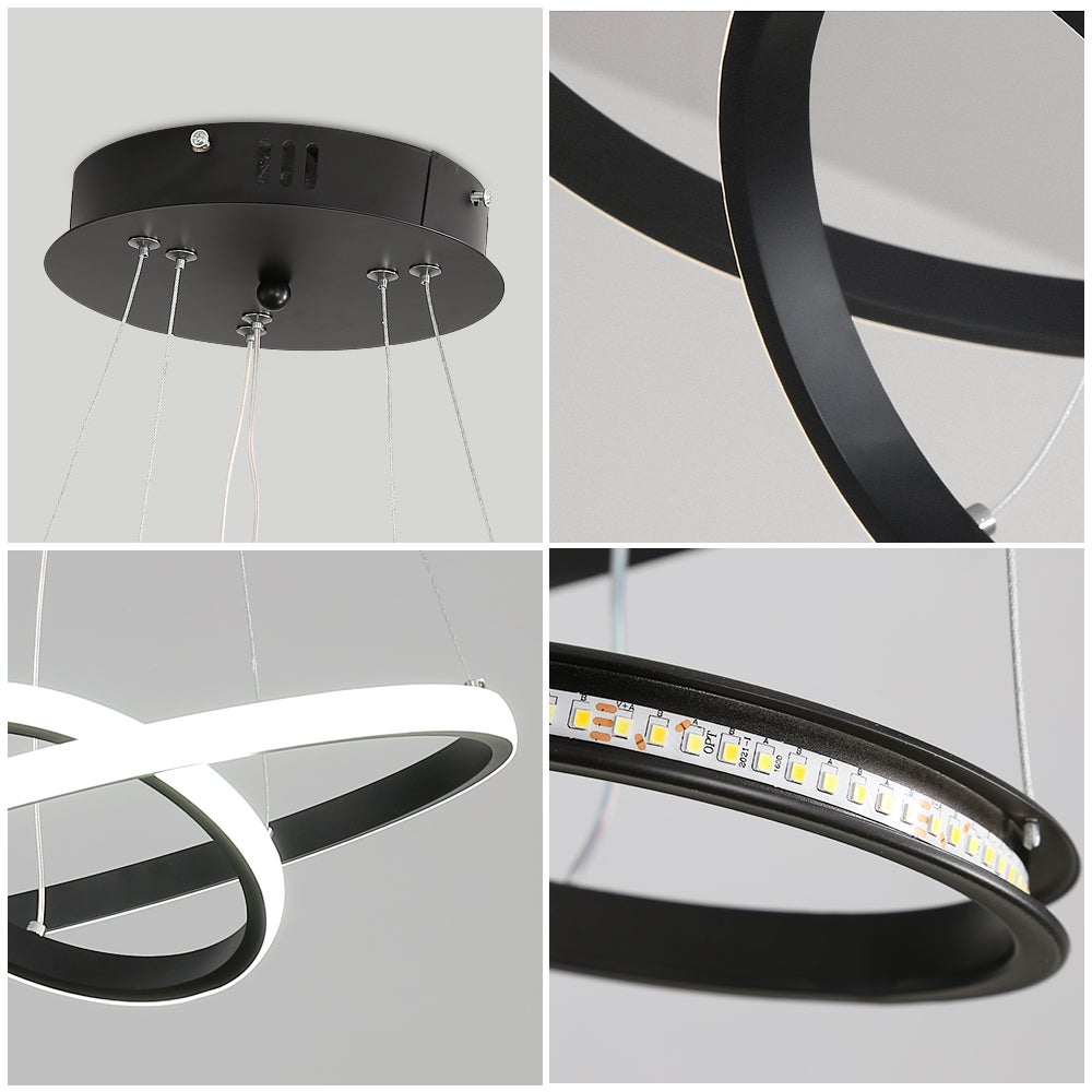 GOECO Suspension Luminaire - Lustre LED Moderne pour Salon Salle à Manger - 32W Lumière blanche 6500K, Lampe de Lustre 2 anneaux - Noir - Ø.20+40cm - 6