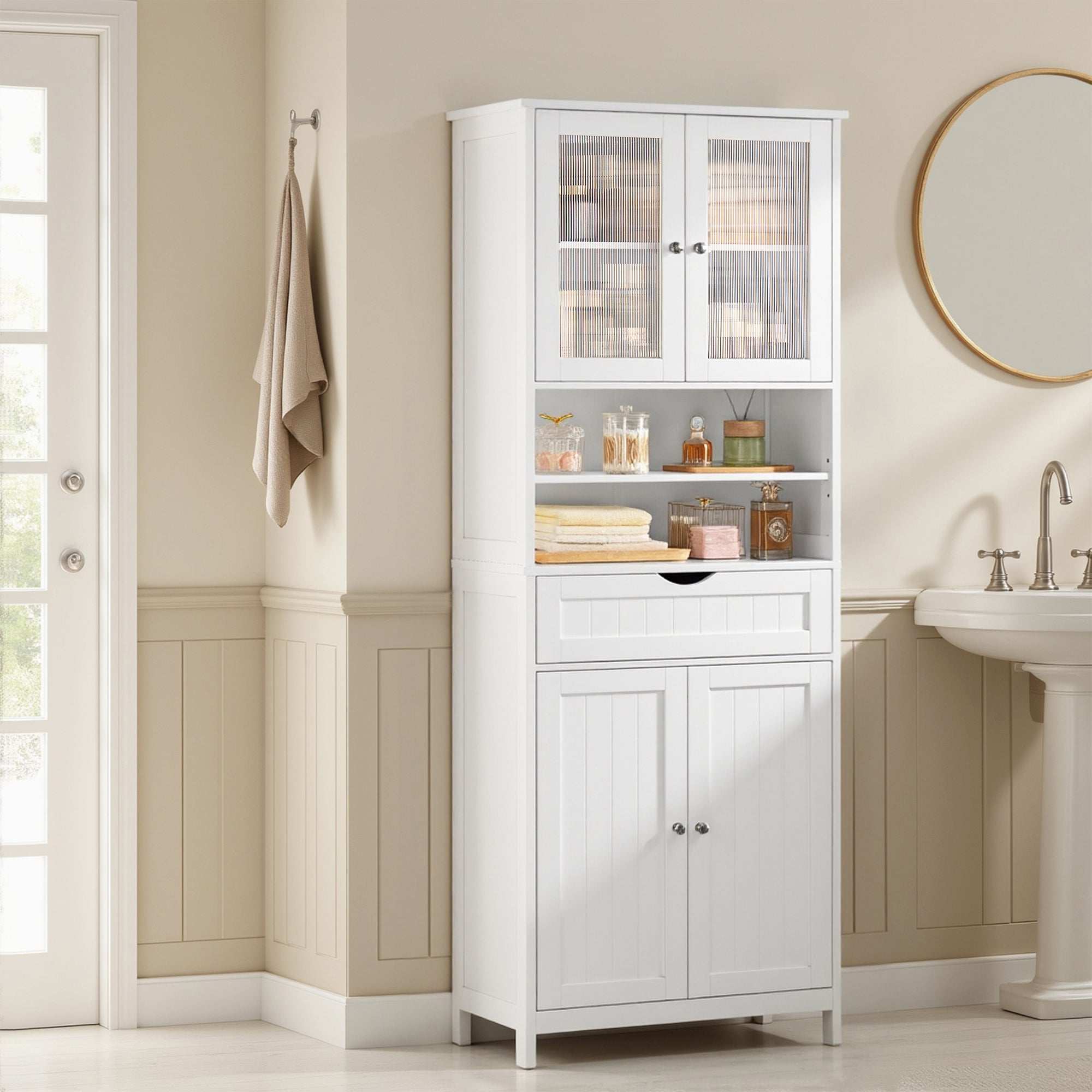 Armoire de Rangement Haute avec Étagères Réglables, Placard et Tiroir, pour Salle de Bains, Cuisine, Salon, Blanc - 3
