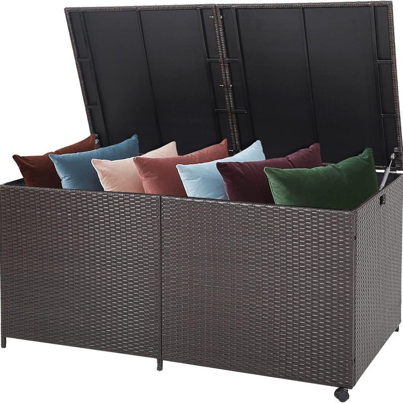 662l Skrzynia do Przechowywania 150 x 77 x 72 cm z Rattanu PE, Pojemnik do Przechowywania z Pokrywą, Skrzynia do Przechowywania Zabawek (Brązowa)
