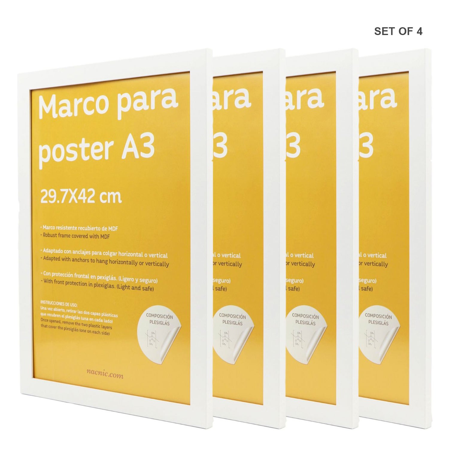 Nacnic Lot de 4 cadres en bois MDF blanc et verre acrylique pour protection et présentation de photos, affiches, chambre ou bureau A3 (29,7 x 42 cm) - 7