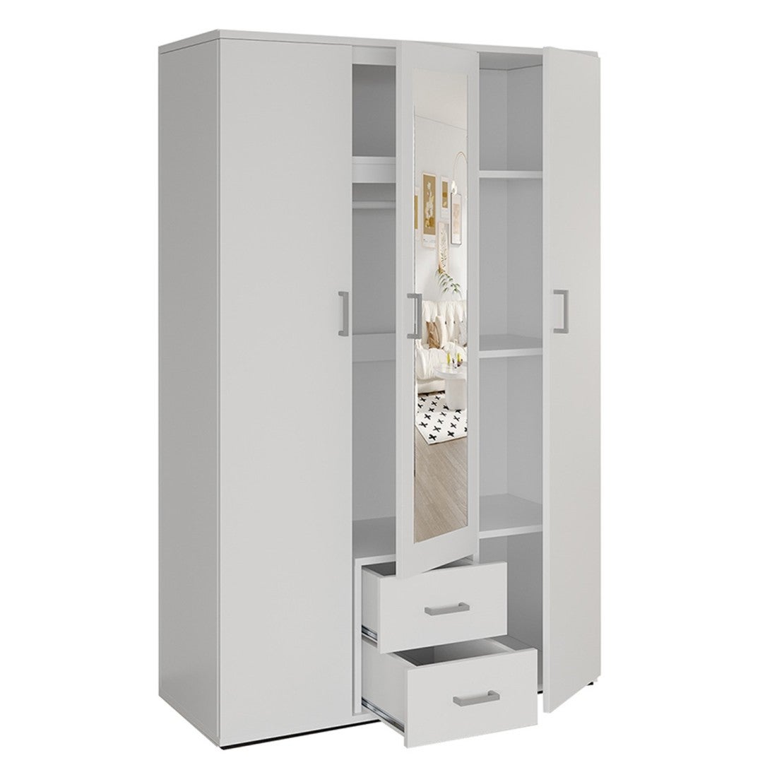 Armoire Alabama 5 Portes Avec Miroir - Blanc, 227x229x54 Cm, 3 Tringles Et 6 étagères Incluses, Pin, Montage Facile - 11