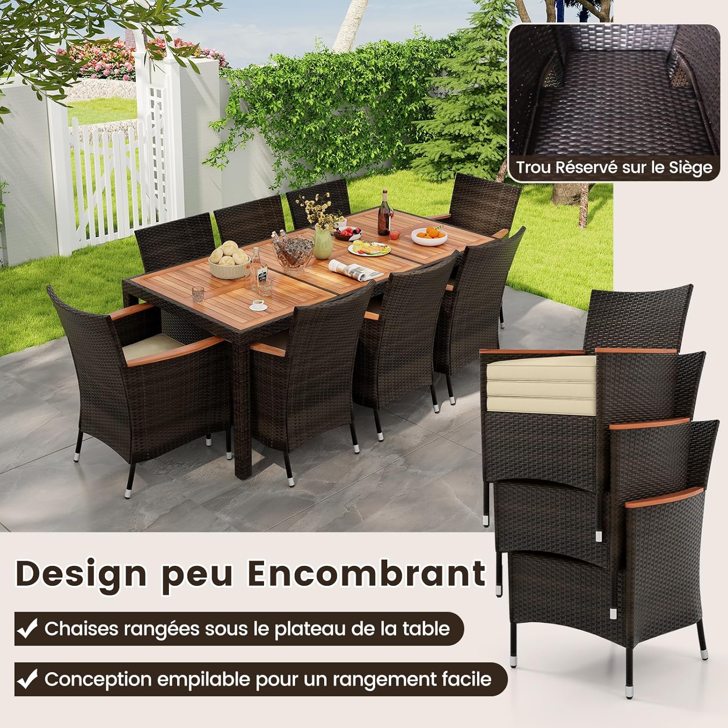 Conjunto de 1 mesa e 8 cadeiras empilháveis, com orifício para guarda-sol, conjunto de móveis de jardim em rattan com braços largos, - 6
