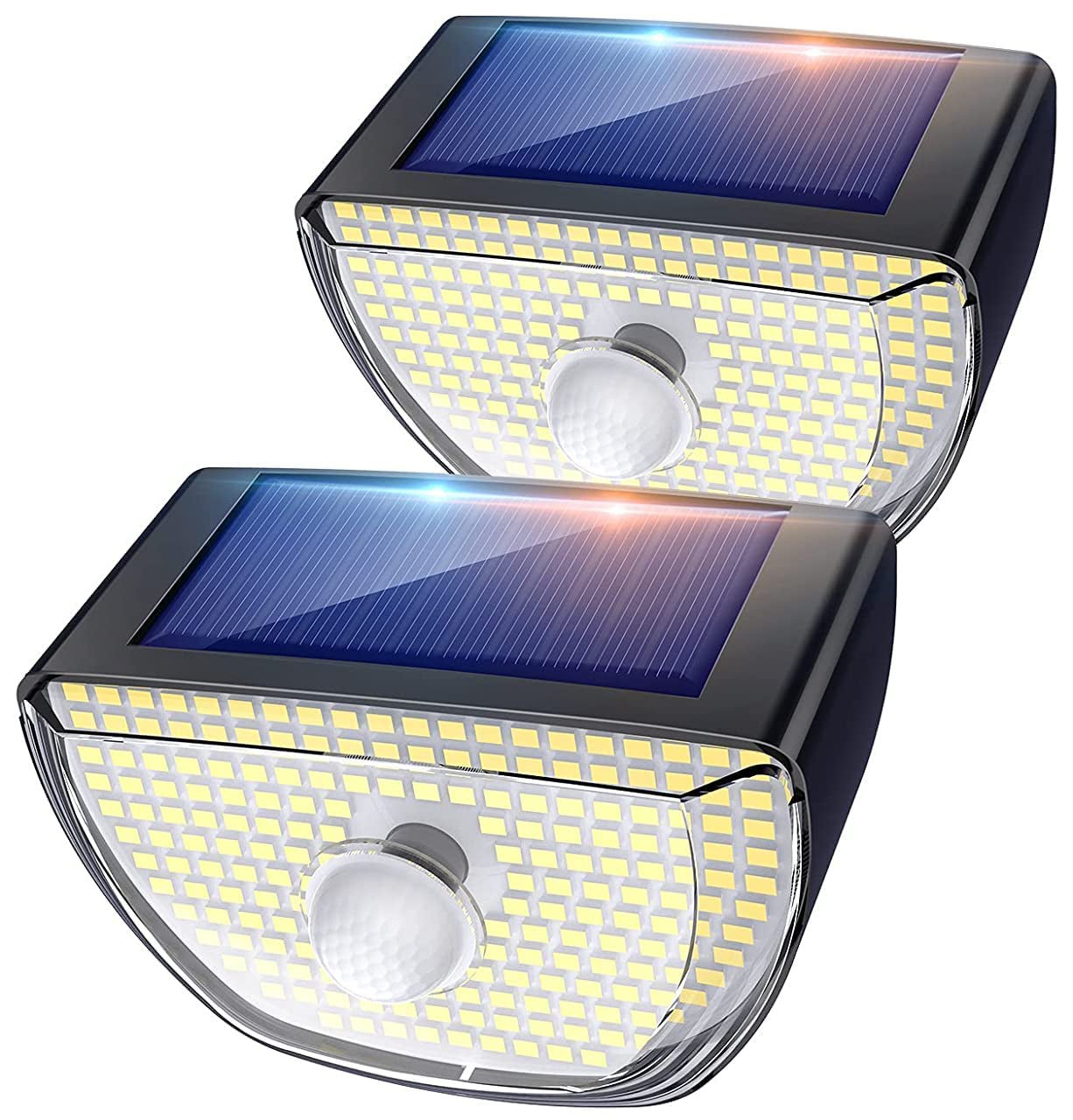 Zestaw 2 solarnych lamp bezpieczeństwa z czujnikiem ruchu do użytku zewnętrznego, solarny kinkiet IP65 Ultra jasny o szerokim kącie 200 LED