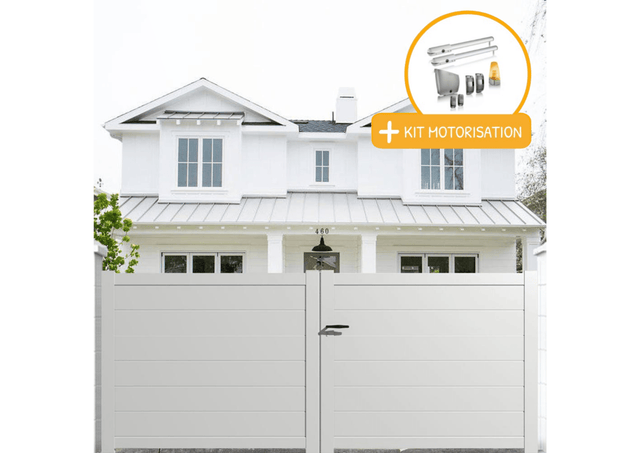 Portail aluminium battant plein en kit + Motorisation dimensions L.3000 (entre piliers) X H.1700 mm SGS Essential (vérins) Couleurs Blanc (RAL 9010)