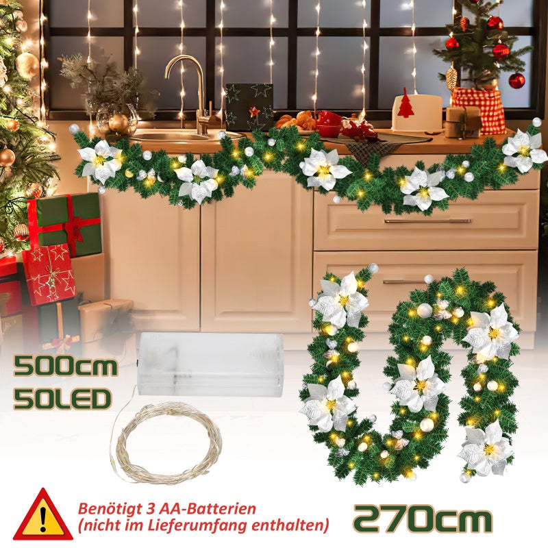 Guirlanda de Natal Guirlanda de Natal Artificial para Decoração de Porta de Lareira 2,7 m decorada com 50 LEDs com ornamentação prateada - 2