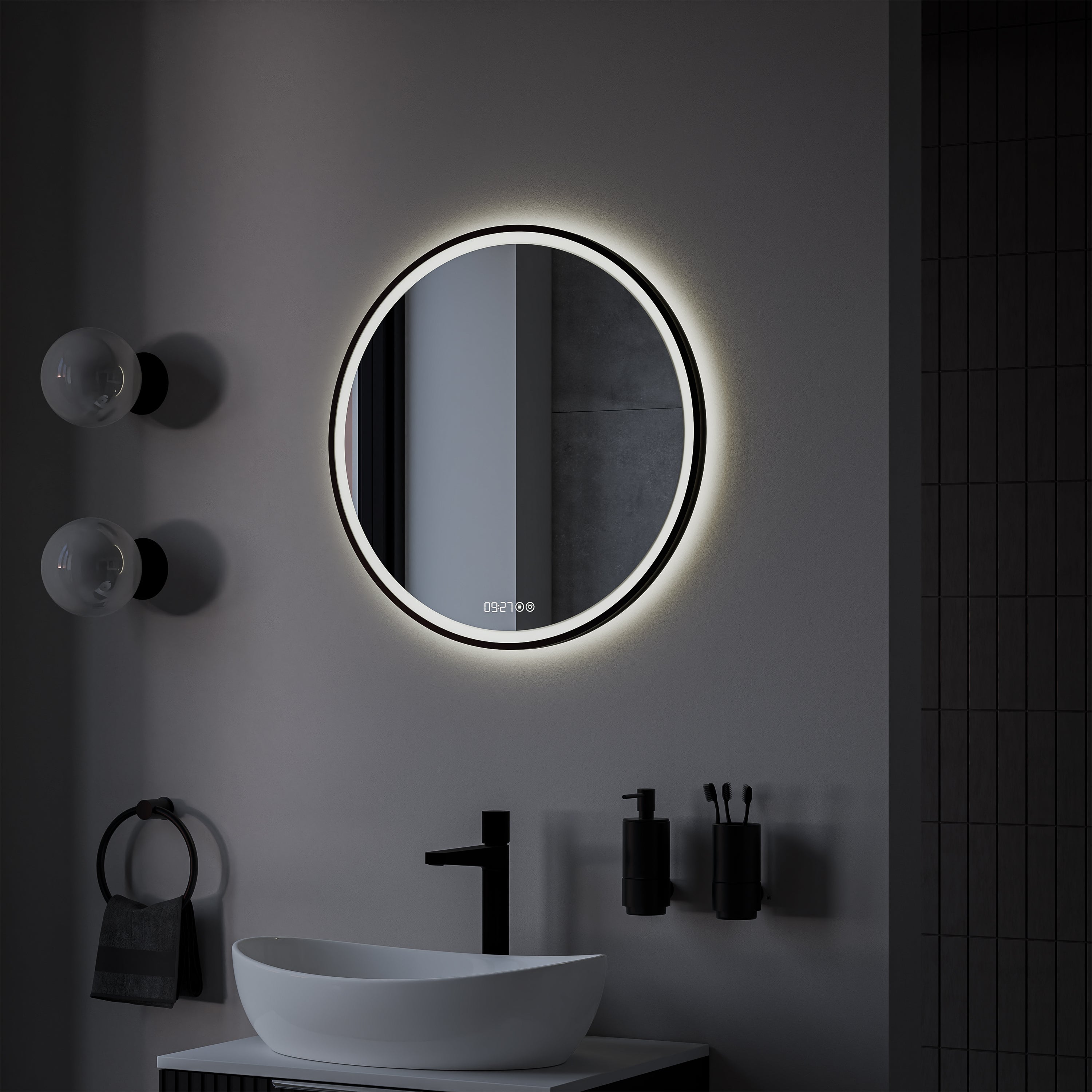 BERNSTEIN - Miroir rond design éclairages LED avec bouton tactile, réglage de lumière, anti-buée et horloge, salle de bain - 8232-2.0 - Ø 60cm - 3