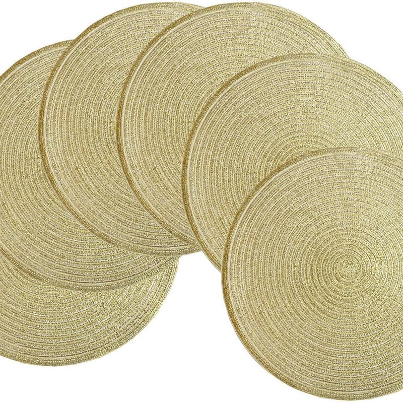 Zestaw 6 zmywalnych okrągłych złotych podkładek pod talerze o średnicy 30 cm, tkane bawełniane podkładki pod talerze, odporne na ciepło i antypoślizgo