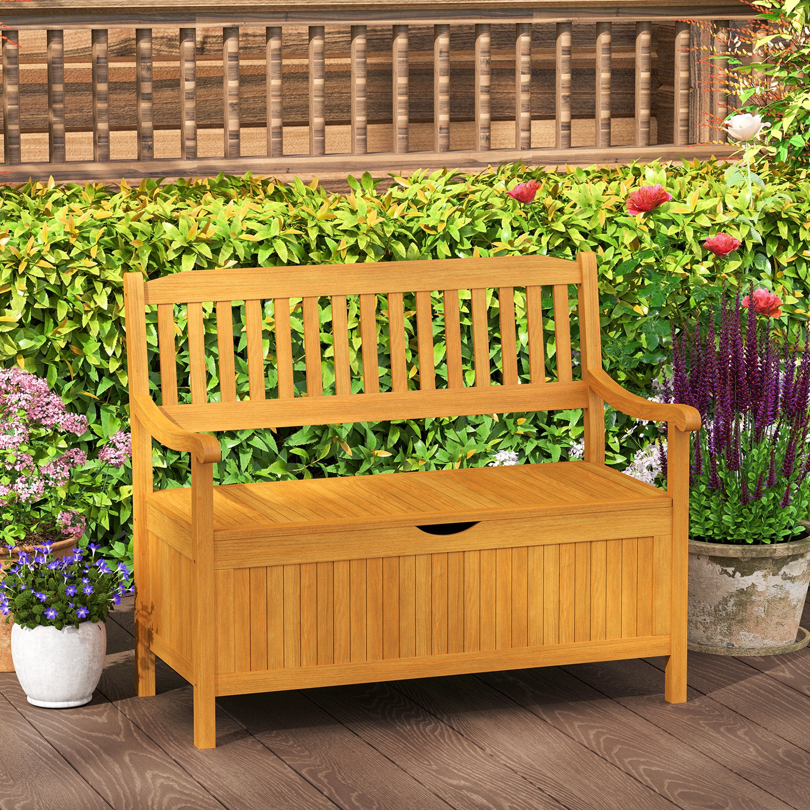 Banc de Jardin en Bois d'Acacia 107 x 59 x 90cm, Banc Coffre Extérieur 2 Places avec Boîte de Rangement, Coffre Jardin 125L, Charge Max 360 kg - 8