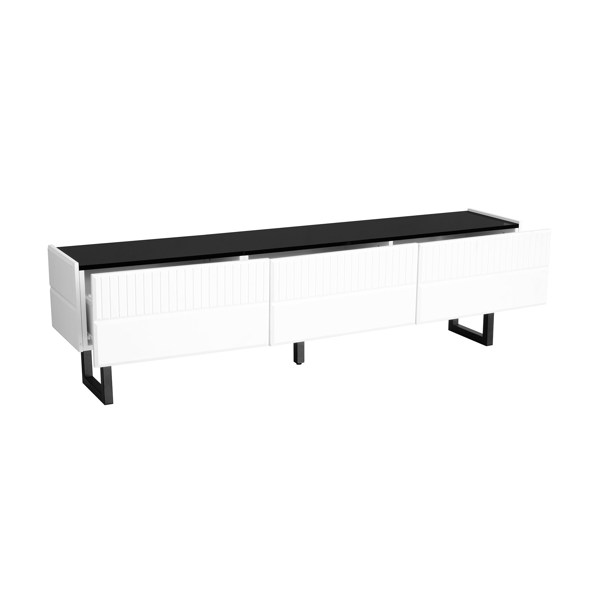 Meble pod TV 170x35x47cm - z 3 szufladami - Błyszczący lakierowany blat - Żelazne nogi - MDF - Biały i czarny - 8