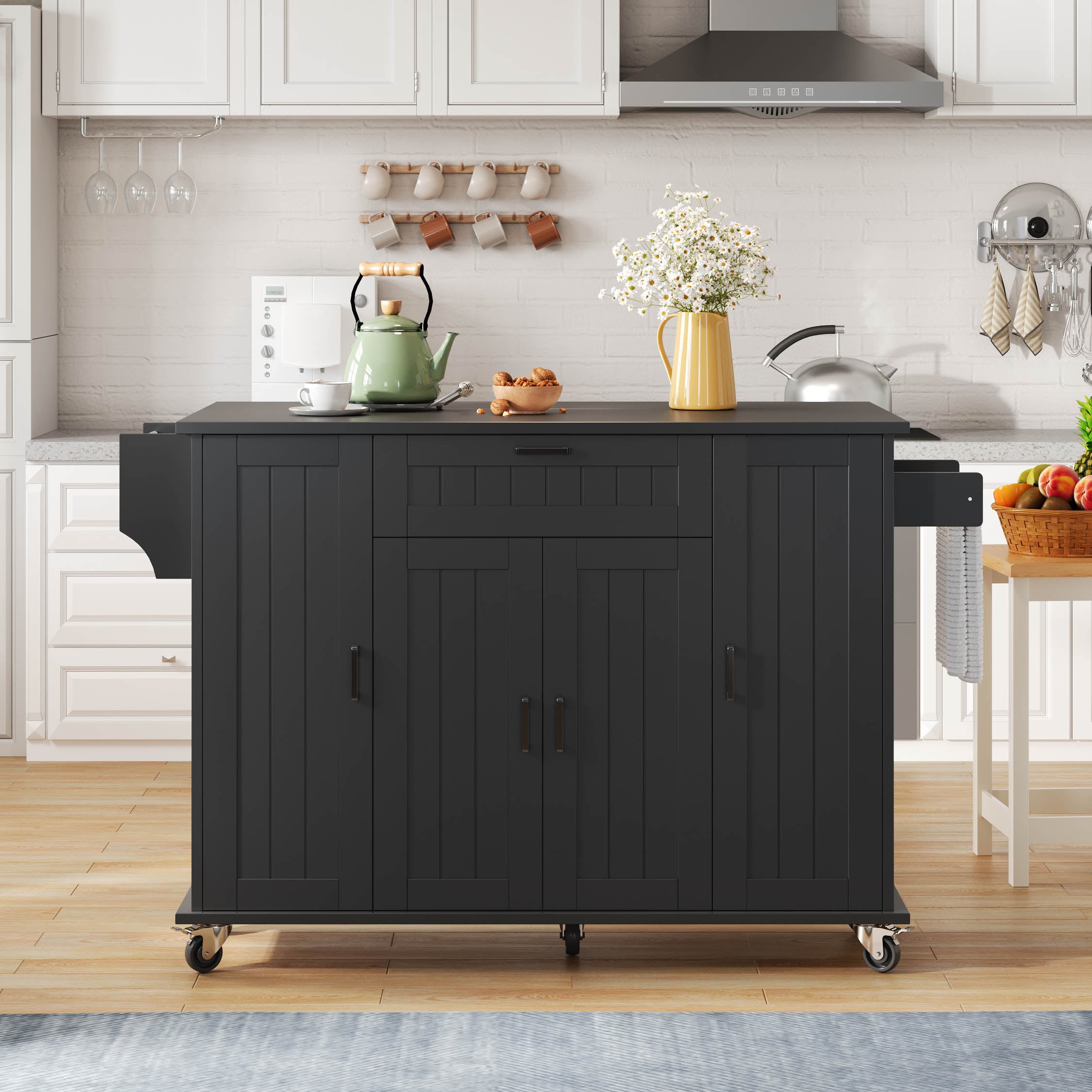 Isola cucina mobile con 4 ante, 1 cassetto e portasciugamani - 120 x 45/70 x 95 cm - MDF - Nero - 8