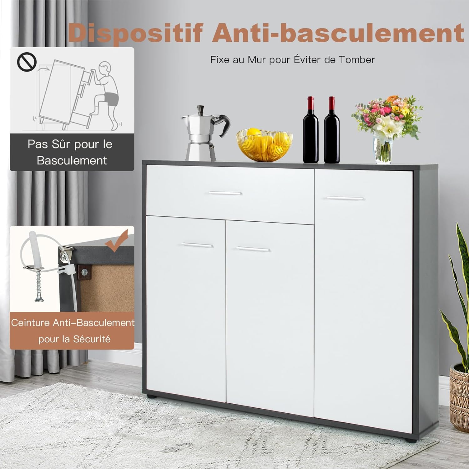 Komoda Szafka do Przechowywania z 3 Drzwiami i Szufladą 88 x 40 x 80 cm do Salonu, Gabinetu, Sypialni, Przedpokoju, Kuchni, Biała