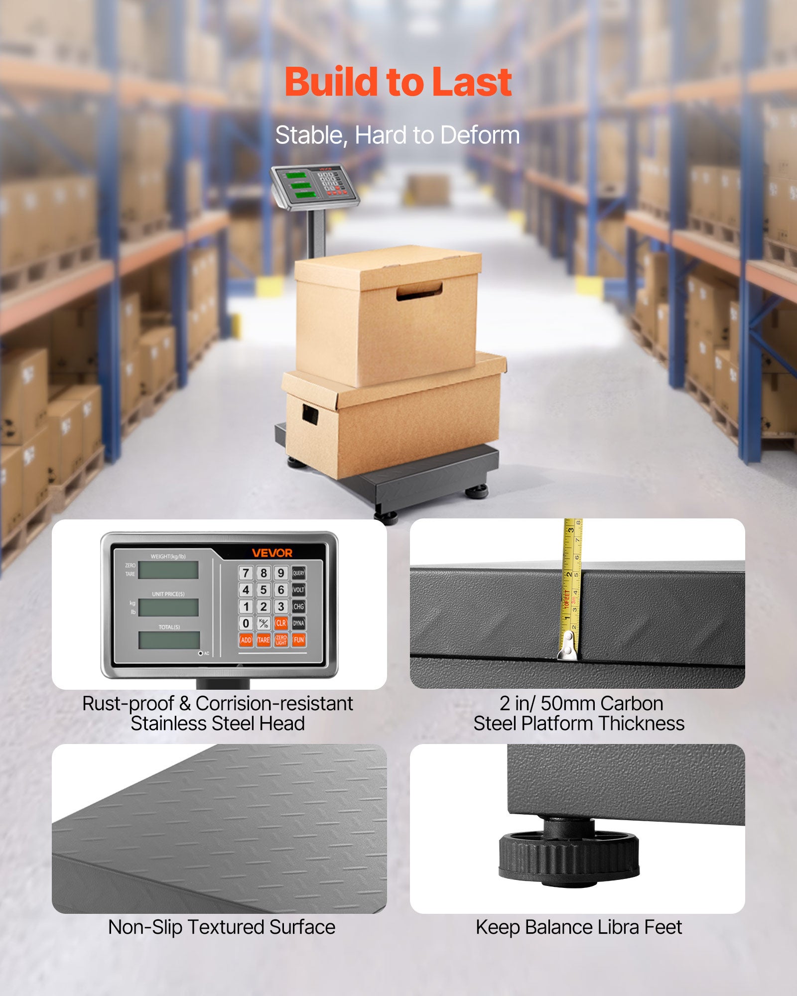 Balance Plateforme Professionnelle VEVOR 300 kg, Haute Précision 50 g, Fonction Tare, Alimentation CA/CC, Balance Expédition pour Bagages Colis - 5
