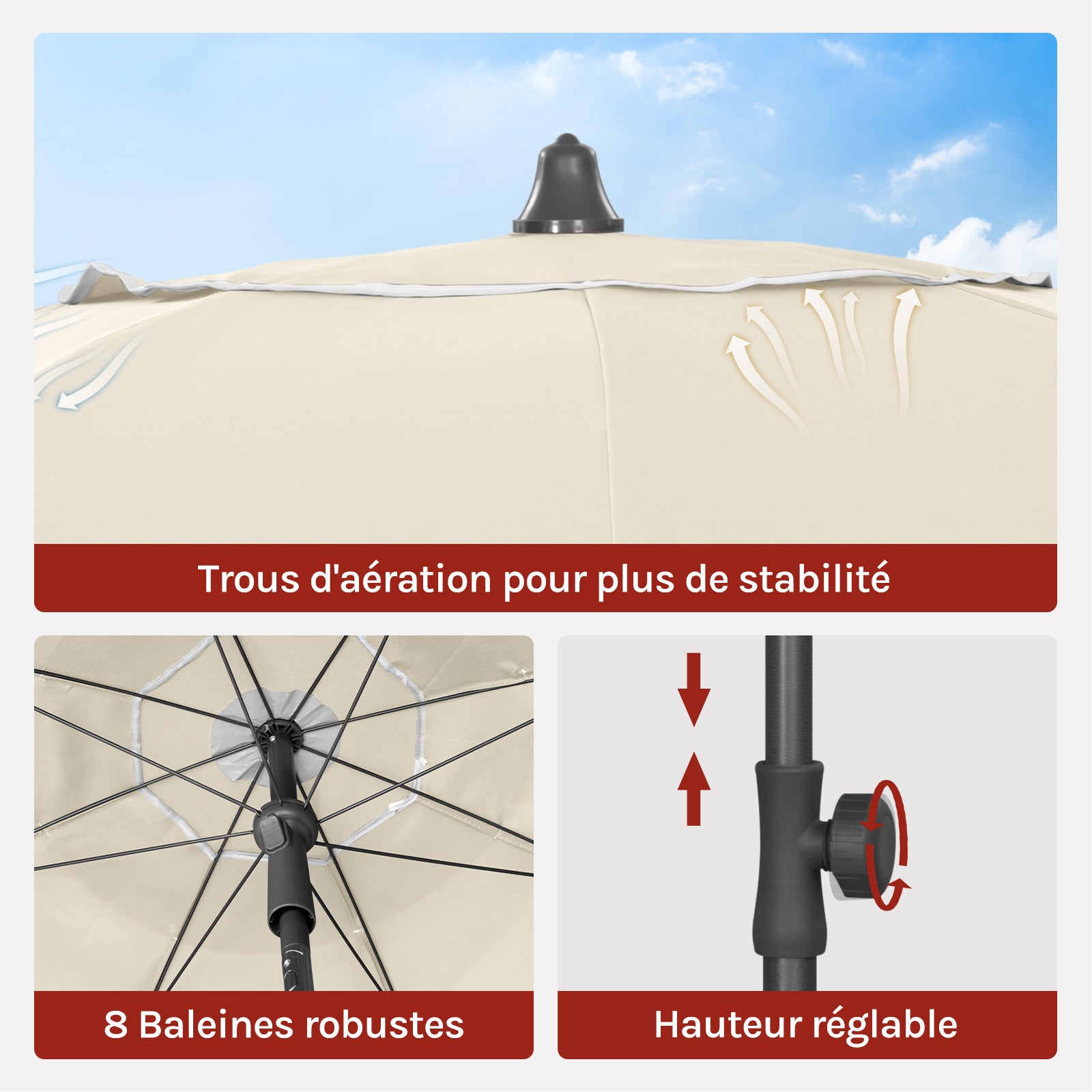 Parasol de Jardin WOLTU, Ø135 cm, Parasol Inclinable, Hauteur Réglables, Protection Solaire UPF 50+, Beige - 5