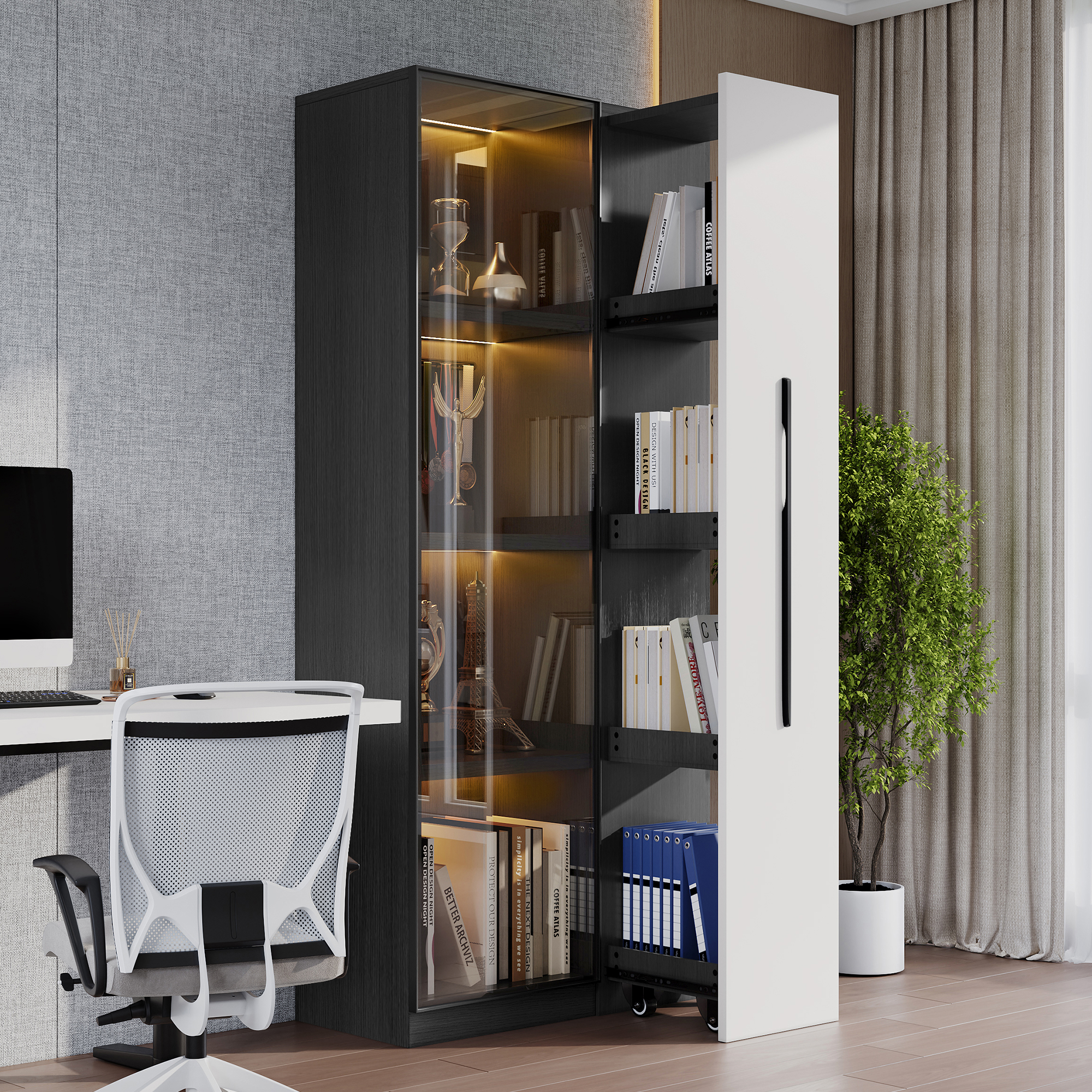 Witryna z 1 drzwiami szklanymi i 1 drzwiami przesuwnymi - 70 x 40 x 160 cm - MDF - 4 półki - diody LED - biały + czarny