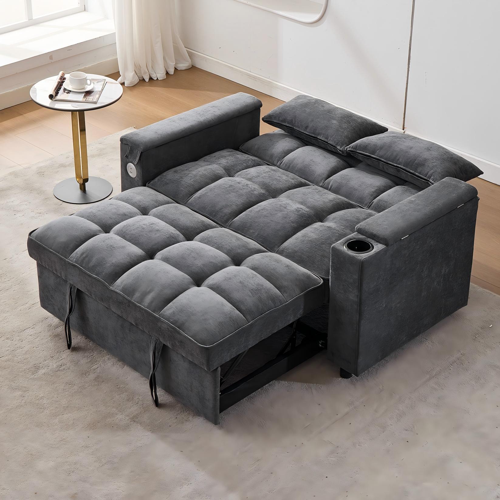 Canapé convertible 2 personnes 140.5x74x82 cm - Dossier réglable - Port USB - Porte-gobelet - Petite table d'appoint - Gris - 3