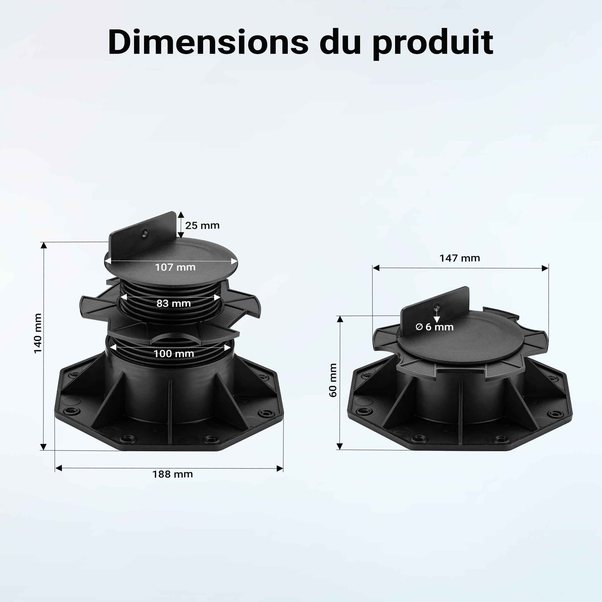 Plots de terrasse – Charge 2700 kg – Hauteur réglable 60-128 mm – en PP – Pieds de support pour Lames Dalles Wiltec - 3