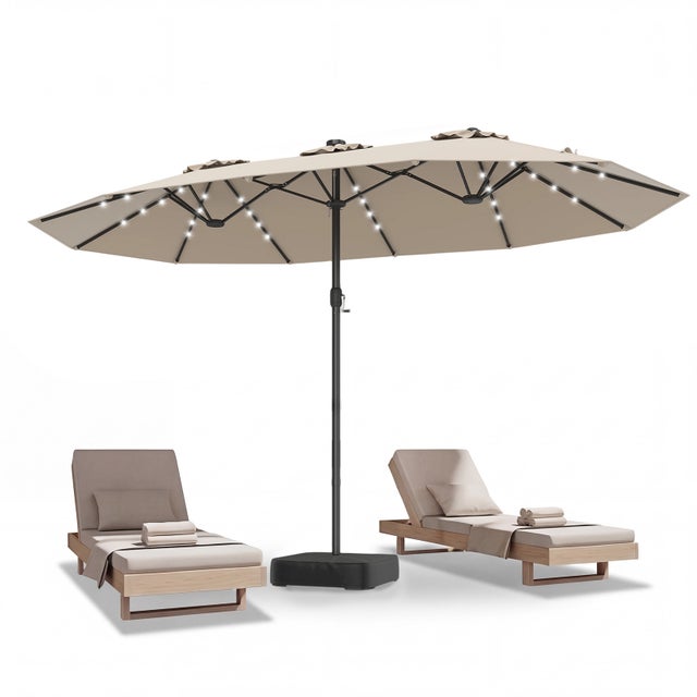 Parasol de Jardin Exterieur, 460 x 285 CM, Parasol Double Rectangulaire, avec Ouverture Fermeture Manivelle, 48 Éclairage LEDs, Base Inclus, Beige