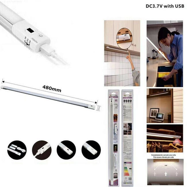 Luce Led Sottopensile Barra LED Per Cucina 48cm Con Sensore Di Movimento - Luce Calda, Ricaricabile, Telecomando Luce Sotto Pensile Ricaricabile