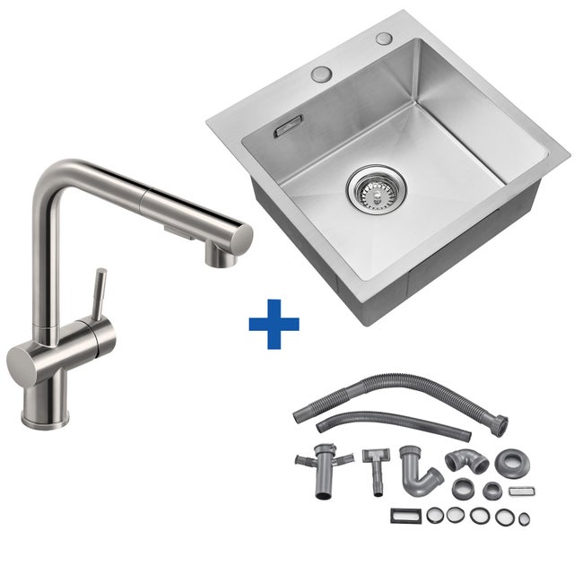 Évier Cuisine 1 Bac 45x45CM Acier Inoxydable 304 ,encastré et à Poser+Robinet Cuisine Douchette Extractible Deux Jets Pivotant 360° ，Brossé