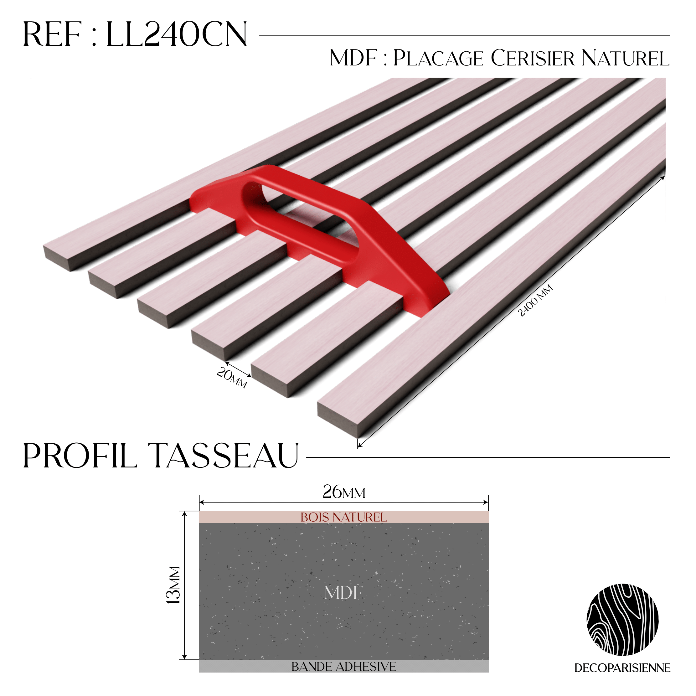 Kit tasseaux adhésif cerisier naturel - Gabarit de pose offert - Surface de 2,4 M2 - Panneau tasseau sur-mesure - 2