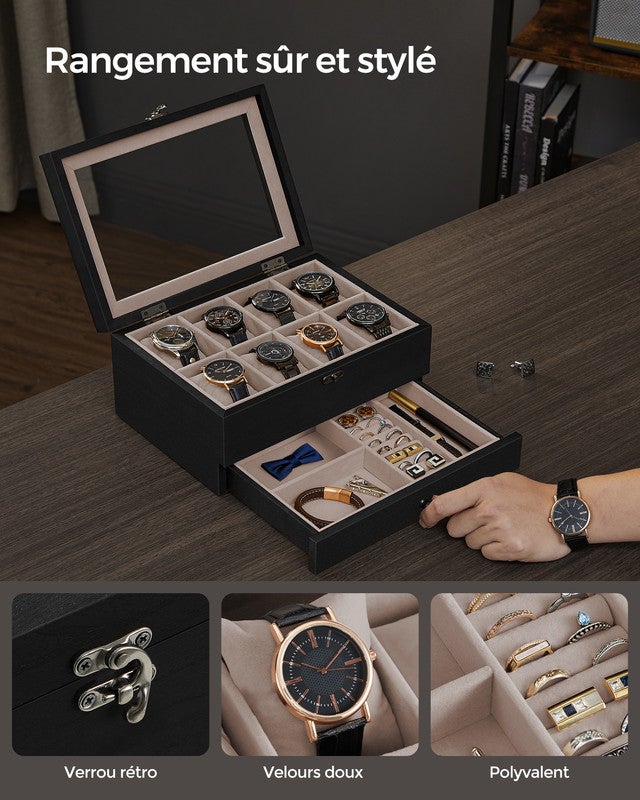 Boîte à Montres 8 Emplacements, Écrin à Montres en Bois, avec Couvercle en Verre, Coussinets pour Montres, Doublure en Velours, Noir Boisé - 3