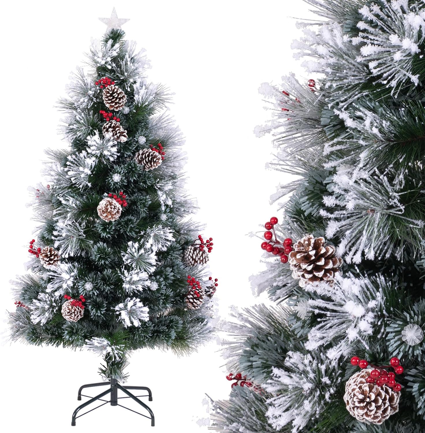 Choinka Bożonarodzeniowa 150 cm z PVC, 2 Sekcje, 170 Gałęzi, z 49 Ciepłymi Lampkami, Czerwonymi Owocami i Szyszkami (150 cm)