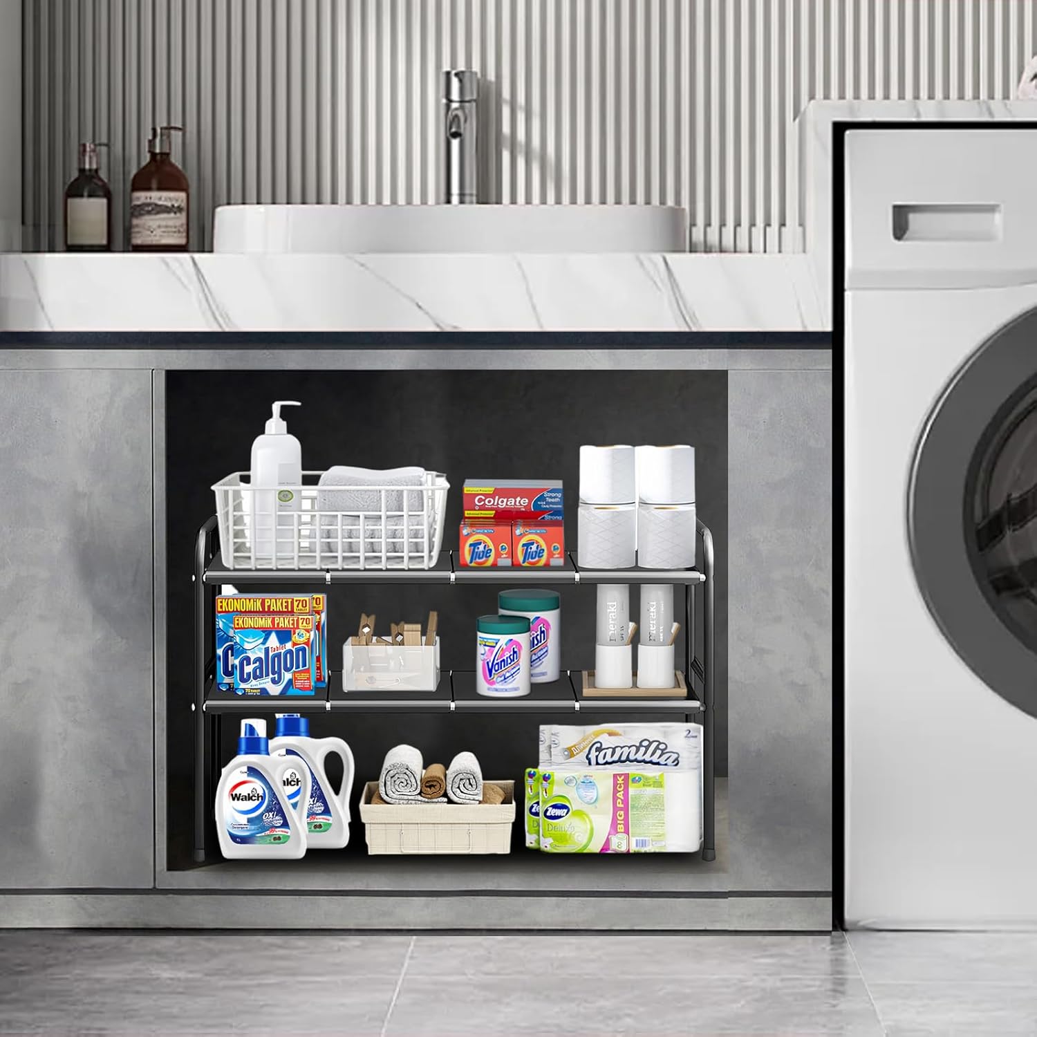 Étagère extensible sous évier, étagère de cuisine à 2 niveaux, étagère à chaussures avec 8 plaques amovibles, longueur/hauteur réglable - 8