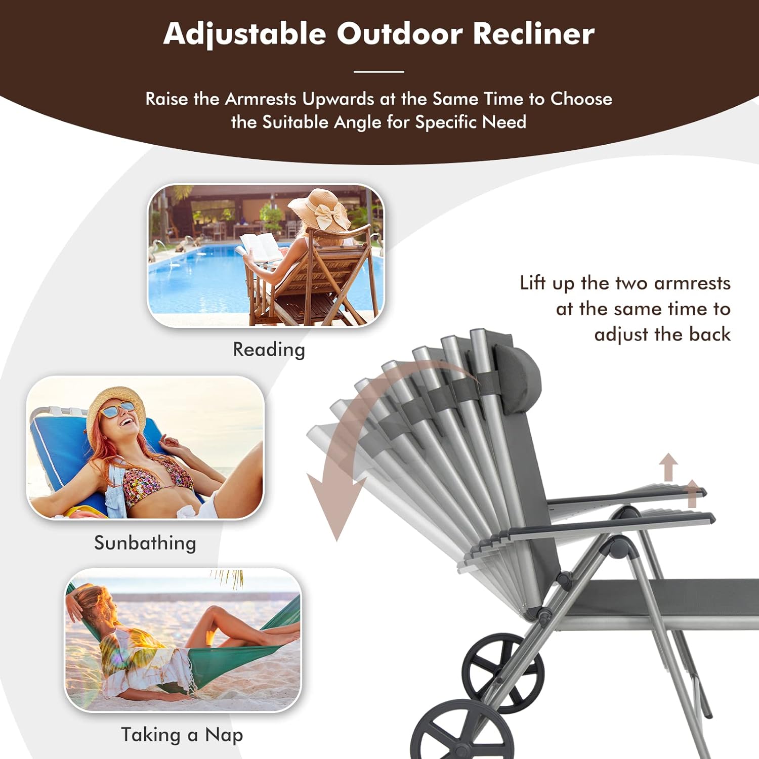 Chaise Longue Pliable de Jardin avec roulettes, Transat Inclinable en Aluminium avec Dossier Réglable à 7 Niveaux & Appui-tête Amovible,Terrasse - 4