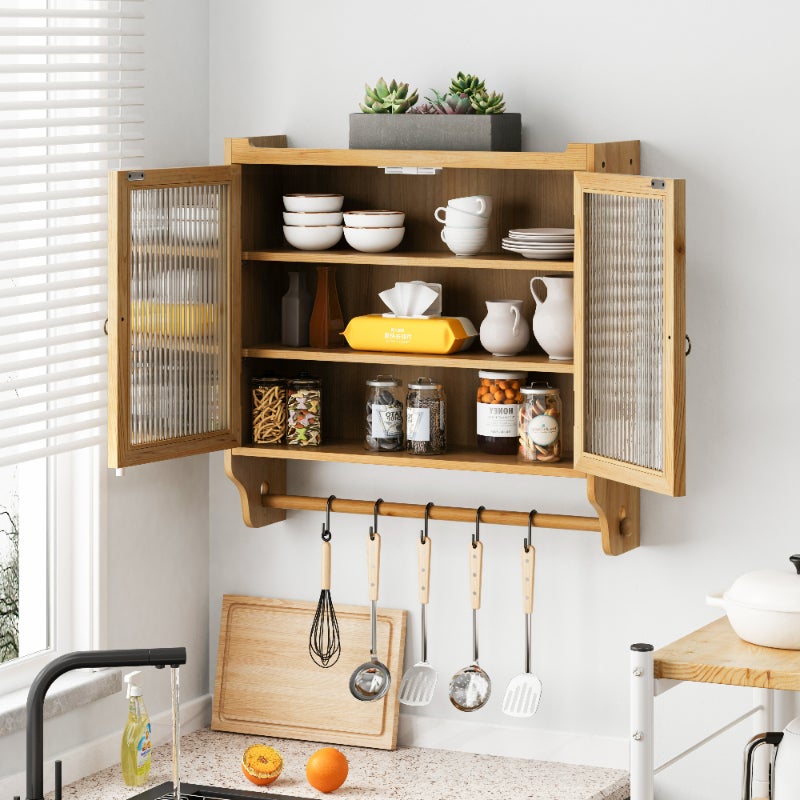 Armario empotrado vintage de madera con puertas acristaladas, 3 estantes y toallero, 63 cm, para baño, cocina y comedor - 4